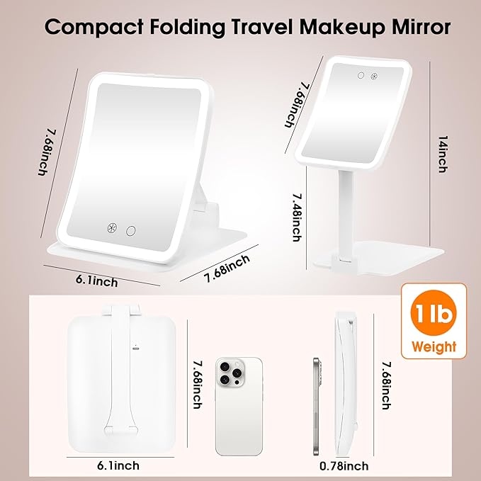 Travel Makeup Mirror with Lights and Magnification 10X, Upgraded Triple-Fold Portable Magnifying Mirror, Adjustable Height/Angle Desk Mirrors with 3-Color Dimmable LED Vanity Mirror, White