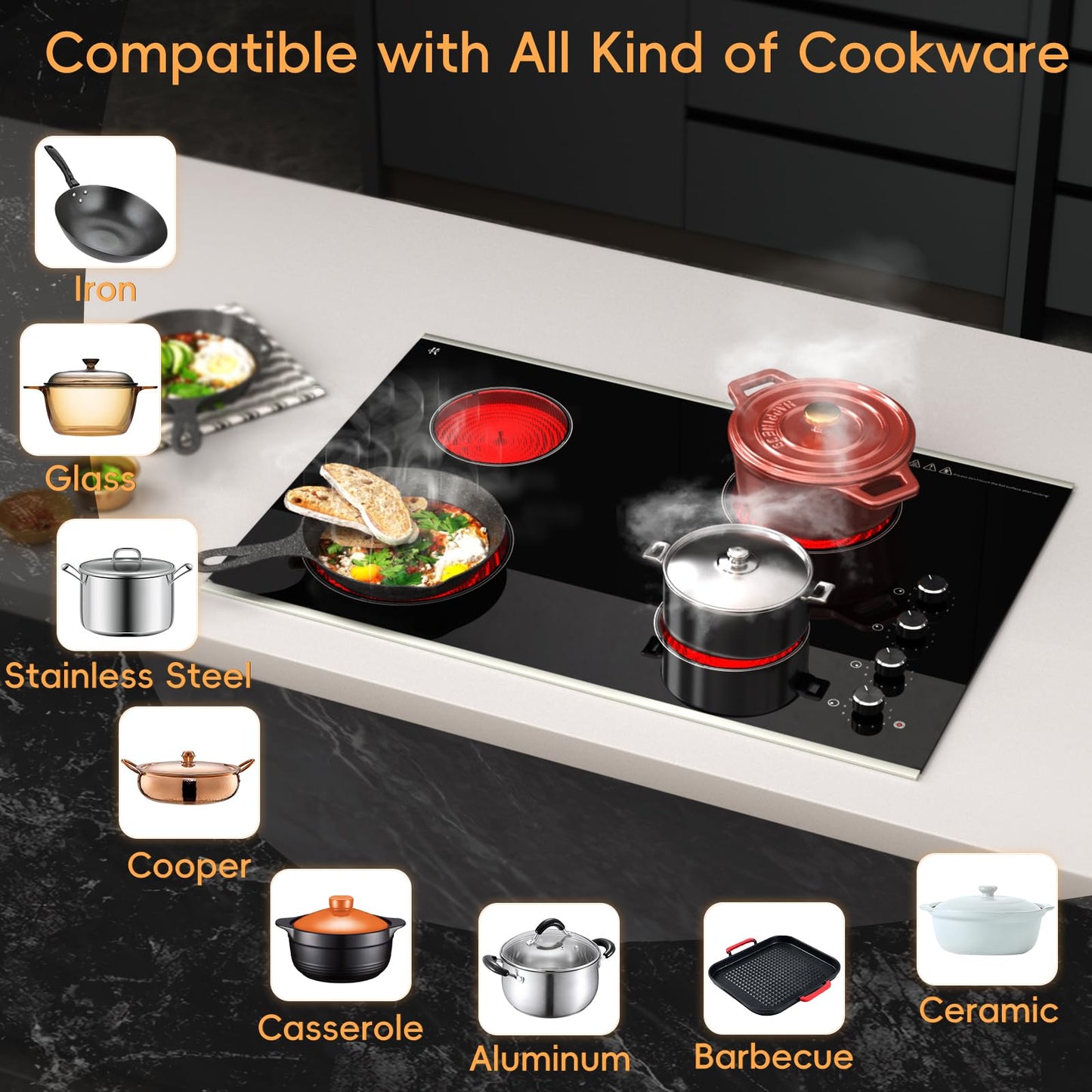 Zarbaco Electric Cooktop 30 inch 4 Burner, 6700W Built-in Radiant Electric Stove Top with Knob Control, Electric Ceramic Stove Cooktop with 11 Level Power Adjustable, 220-240V, Hard Wire
