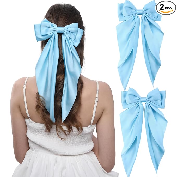 2PCS Big Hair Bow Clips for Women Girls Ã¢ÂÂ Light Blue Satin Ribbon Bow Barrettes with Long Tails, Large Pastel Hair Accessories for Ponytail, Spring & Casual Styling
