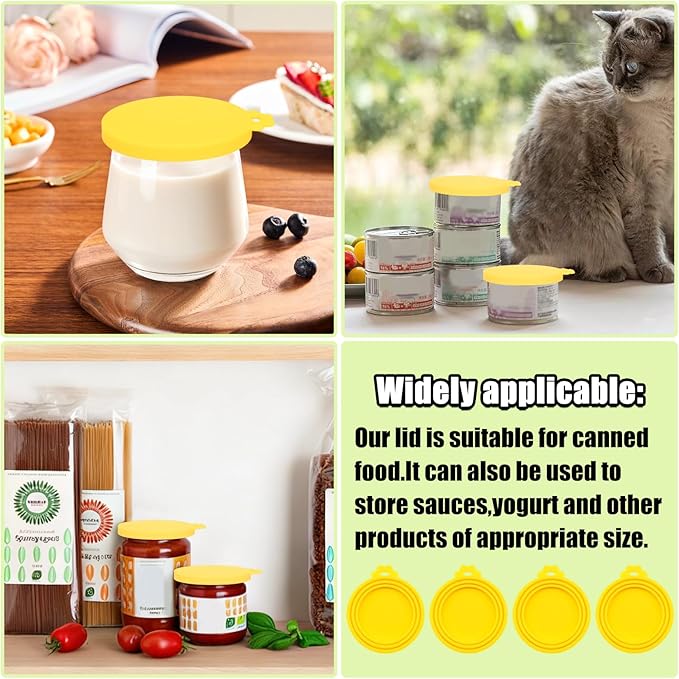 PINE & LINEN 4 Pcs Durable Pet Can Lids,One fit 3 Standard Size Silicone Waterproof Cat Food Cans Lids for 3oz/5.5oz/12.5oz/13.2oz Cat Food Cans（Yellow）