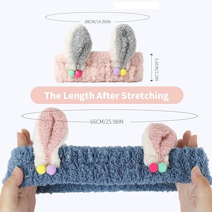 PERFECTSIGHT Kawaii Headband for Spa, Makeup, Washing Face, Party - 2 Pack Cute Hair Band for Shower Beauty Skincare, Soft Facial Headbands for Girls and Women (Pink+Blue Rabbit Ear)