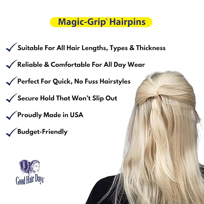 Good Hair Days Hair Pins - 2 1/2" Plastic, U-shaped Magic Grip Hairpins, Strong Durable Pins For Fine, Thick & Long Hair, Styling Accessories - Black, Set of 10