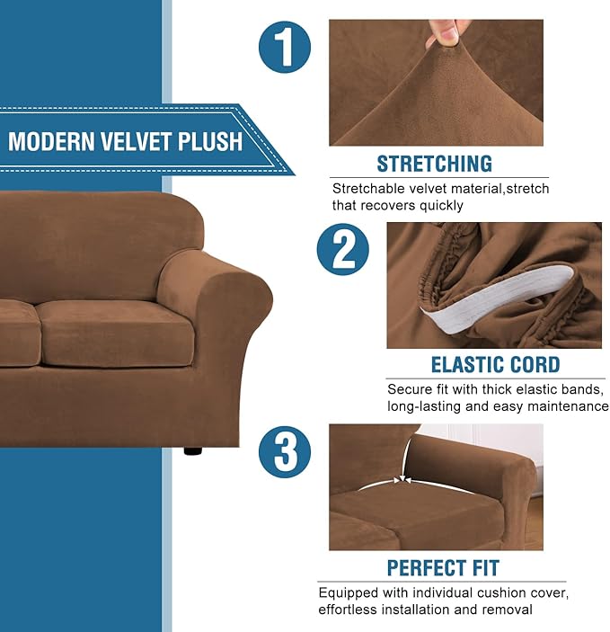 H.VERSAILTEX High Stretch Sofa Slipcover 4 Piece Cover Velvet Furniture Protector Form Fit Thick Velvet Extra Large Sofa Cover for 3 Cushion Couch Width Up to 97 Inch (Large Sofa, Caramel)