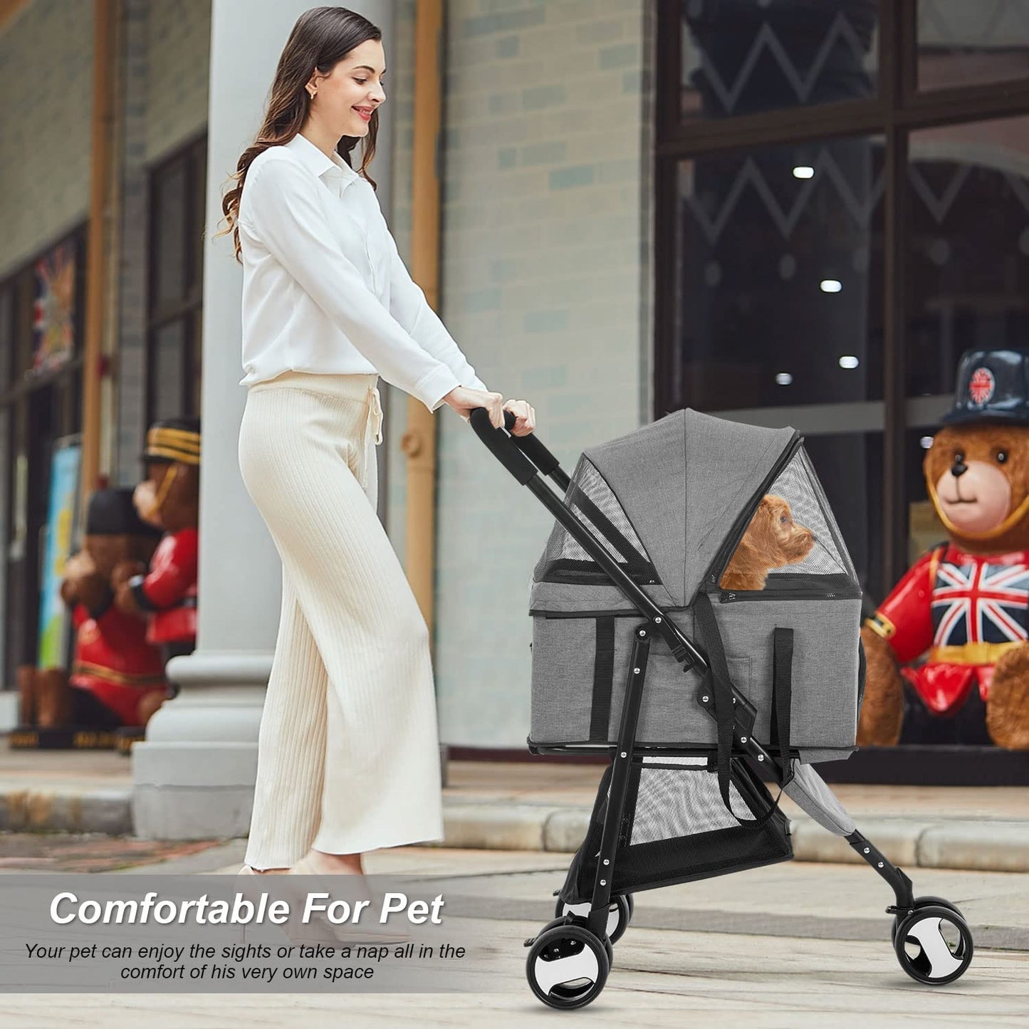 BestPet 3-Wheels Pet Stroller - Dog & Cat Premium 3-in-1 Multifunction Detachable Carrier Lightweight Folding Travel Stroller, Grey