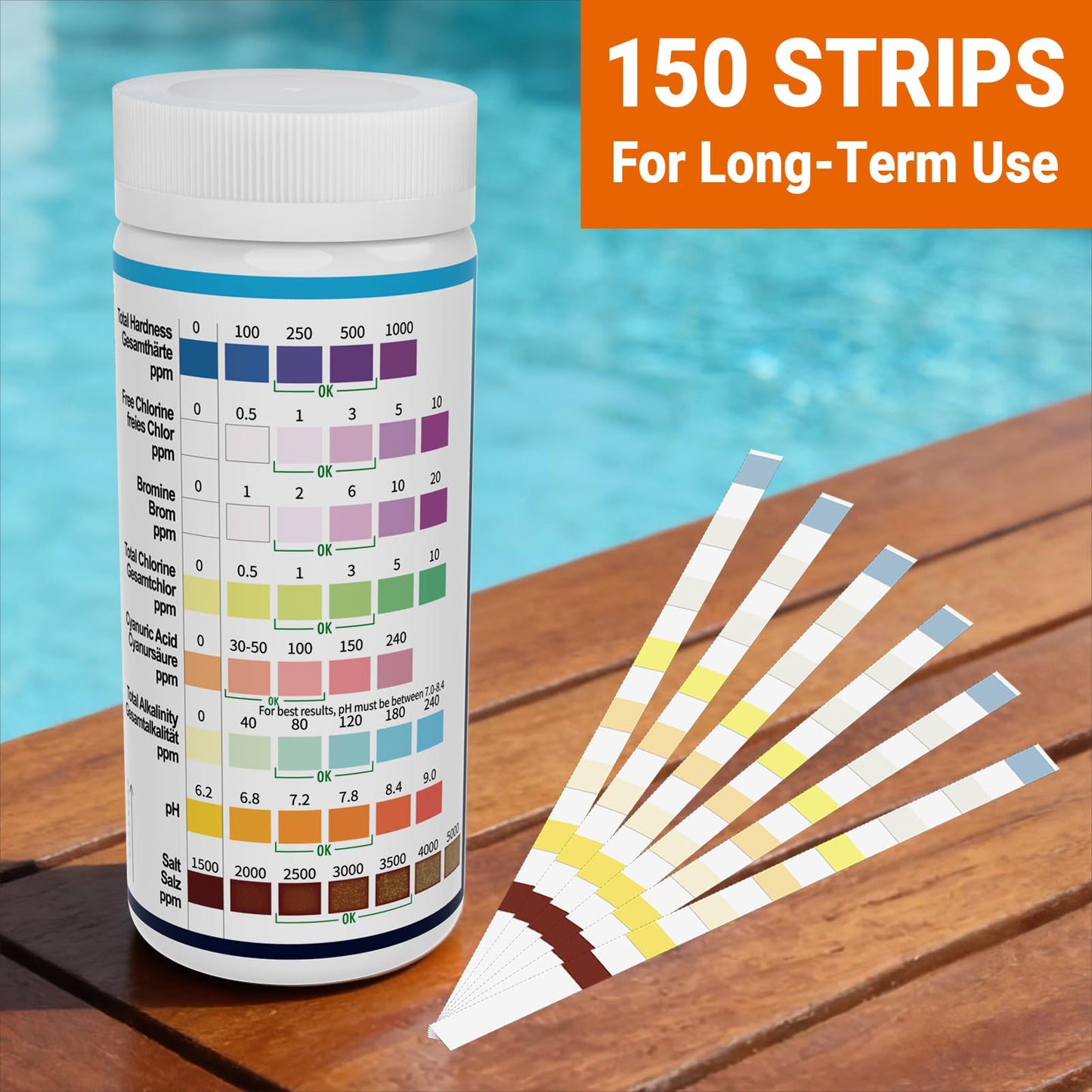 AKSBTEC 2026 Salt Water 8-in-1 Pool Test Strips Kit | 150 Strips Pool Salt Test Strips | Salt Water Pool Testing Kit for Pools, Hot Tubs & Spas Quick Accurate Tests Salt, Chlorine, pH, Cyanuric Acid