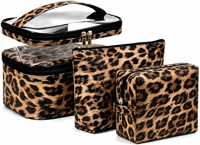 3PCS PU Leather Makeup Bag, Large Travel Cosmetic Pouch, Cute Toiletry Organizer for Women, Set of 3