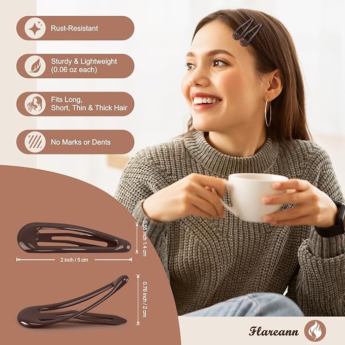 Glossy Brown Snap Hair Clips for Women - 50 PCS 2 Inch Non-Slip Metal Hair Barrettes in Warm Neutral Brown Tones - Everyday Minimalist Hair Accessories