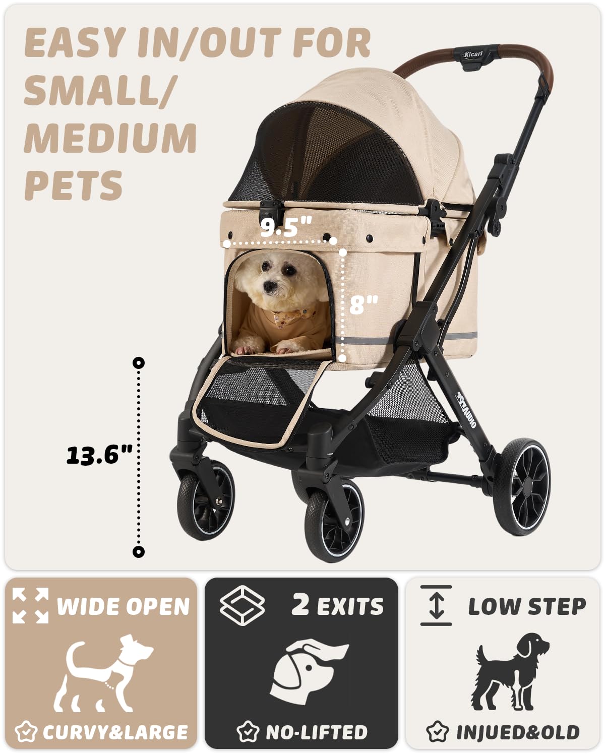 797Audio Dog Stroller for Small Medium Dogs,Pet Stroller for Cats Puppy Up to 121lbs,Foldable,One Click Folding,4 Wheel Shock Absorption,Adjustable Canopy with Sun Shades,Removable Washable Pad(Cream)
