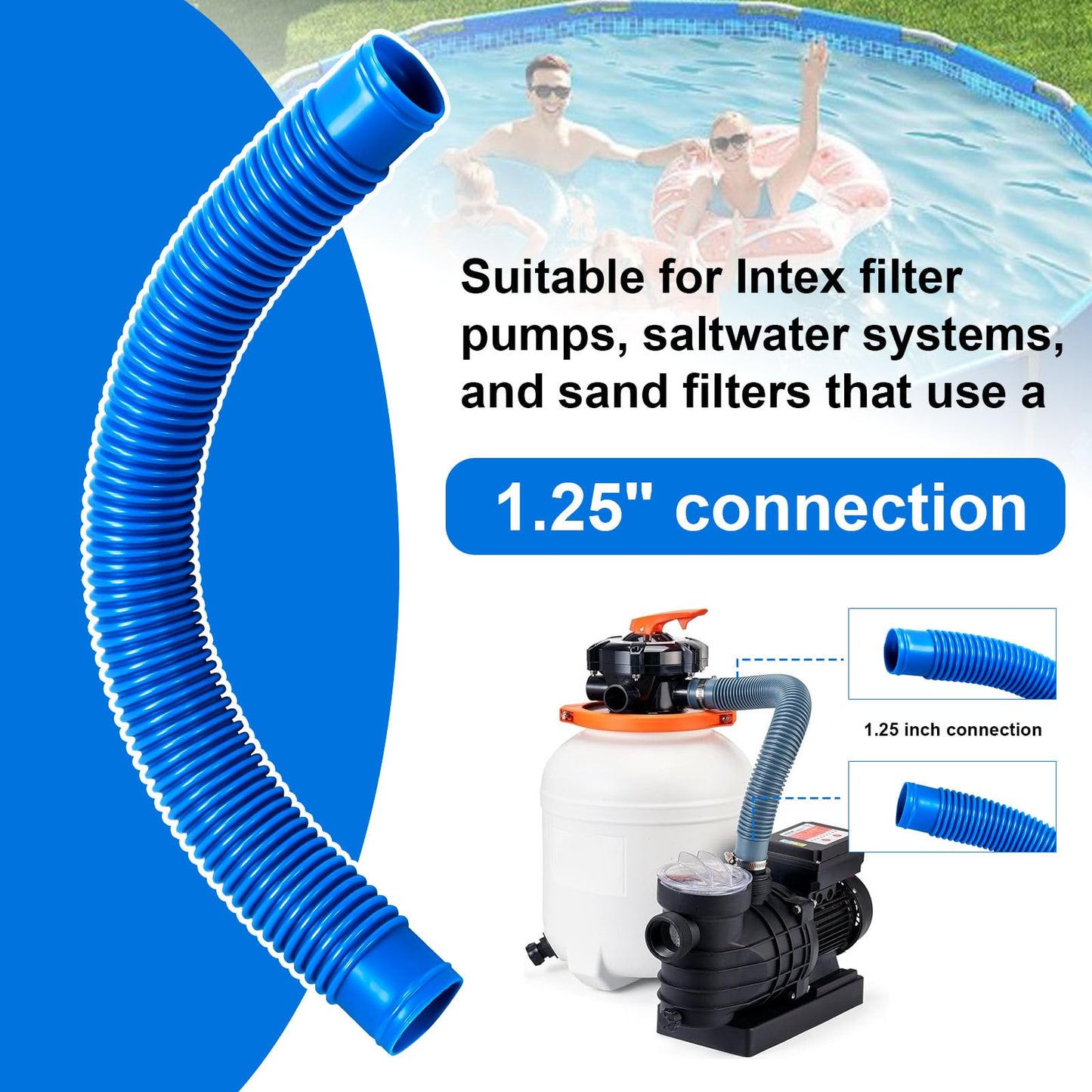 Pool Sand Filter Pump Hose, 1.25" Diameter Pool Filter Hose Replacement for Above Ground Pools, 16 Inch Pool Pump Hoses Compatible with Pump Sand Filter and Saltwater Systems(2 Pack, Blue)