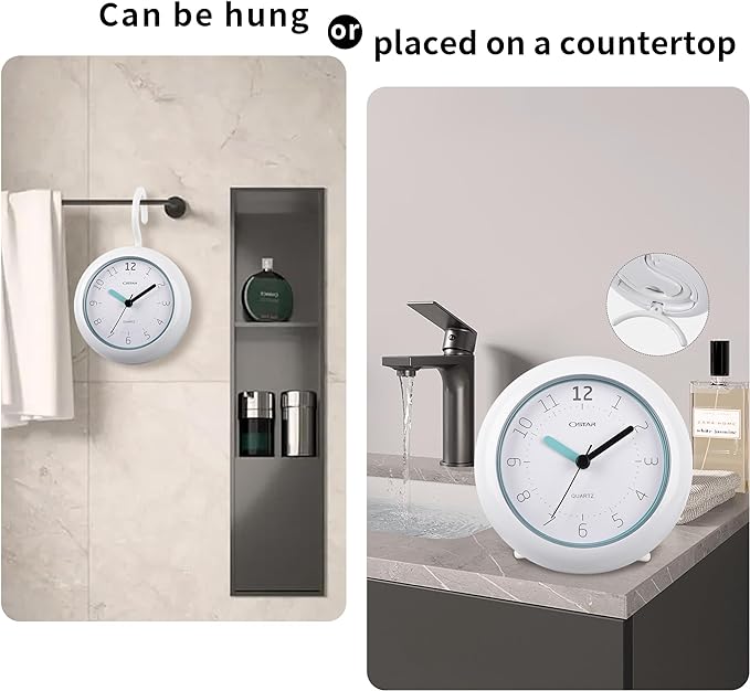 OSTAR Waterproof Bathroom Shower Clock, Analog Quartz Clock Hanging Stand Dual Purpose, One AA Battery Operated 4.72 inch Round Size