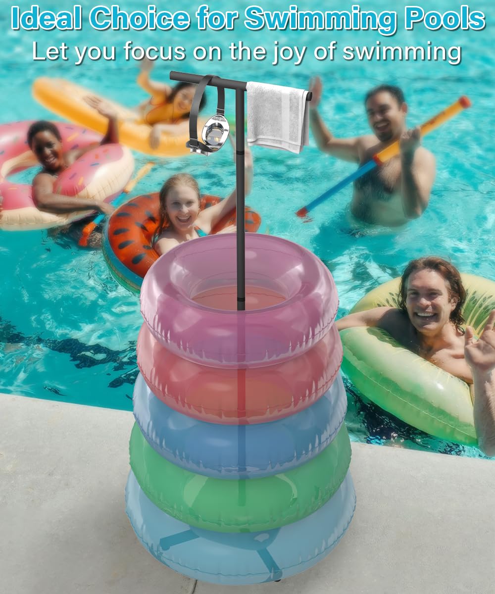 Mondazie Pool Float Holder Storage Rack, 22’’ x 63.7’’ Metal Pool Floats Organizer for Swimming Ring with Water Weight Bag, Pool Tube Floaty Stand Holders for Poolside Beach Outdoor Storage, Black
