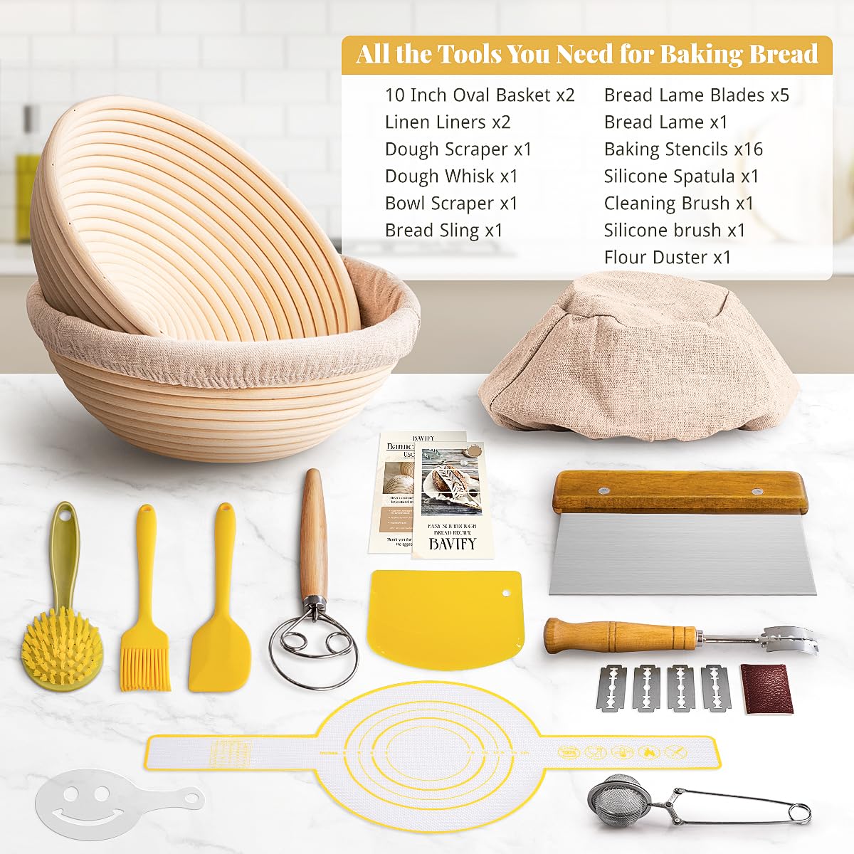BAVIFY 9 Inch Round Banneton Bread Proofing Basket Sourdough Starter Kit, Sourdough Bread Baking Supplies with Bread Lame, Sling, Spatula, Scraper, Dough Whisk