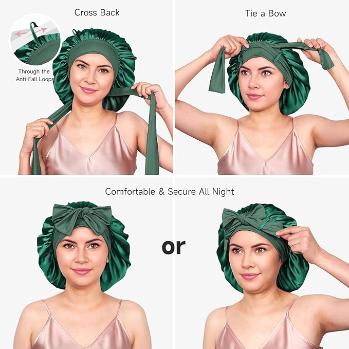 YFONG 100% 22 Momme Mulberry Silk Bonnet for Sleeping Women, Larger Double Layer Silk Hair Wrap for Curly Short Long Hair, Non-Slip Sleep Shower Cap Turban with Elastic Tie Band, Deep Green