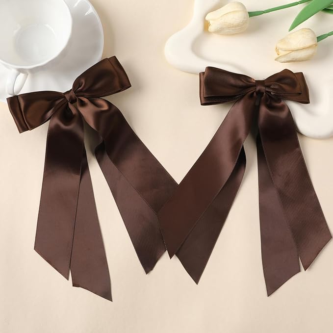 LuSeren 2 PCS Double Layer Hair Bows Brown Hair Ribbon Clips Ponytail Holder Accessories for Women Girls Toddlers Teens Kids