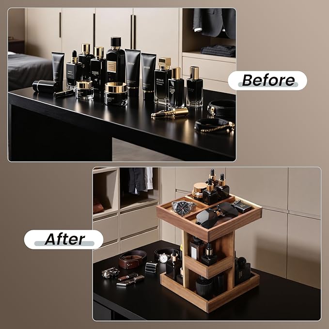 EXIN DECHEN Cologne Organizer for Men,Cologne Stand,Wood Perfume Shelf with Rotate,Desk Organizer,Gift for Dad From Wife,Husband Boyfriend Birthday Gift Ideas,Fathers Day Gift for Men