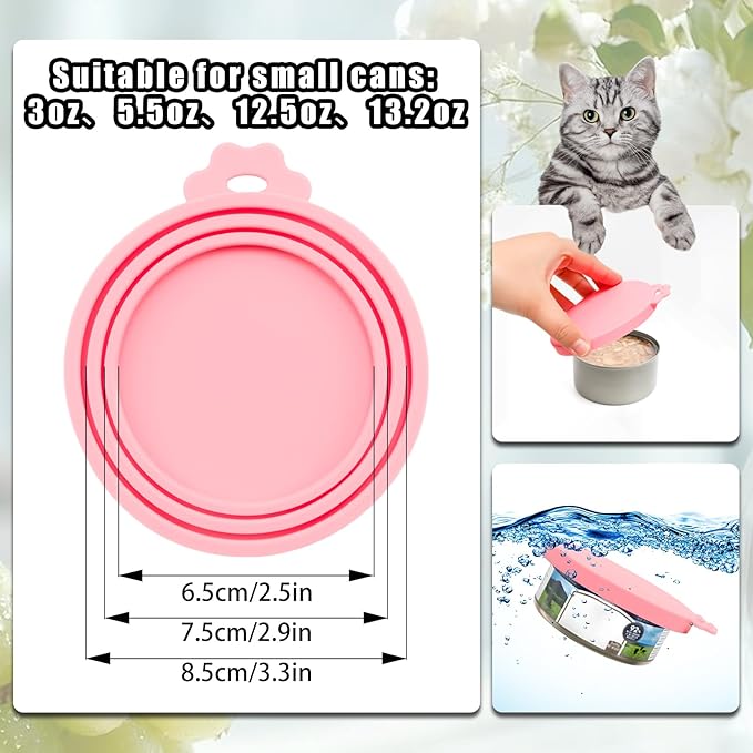 PINE & LINEN 4 Pcs Durable Pet Can Lids,One fit 3 Standard Size Silicone Waterproof Cat Food Cans Lids for 3oz/5.5oz/12.5oz/13.2oz Cat Food Cans（ Pink）