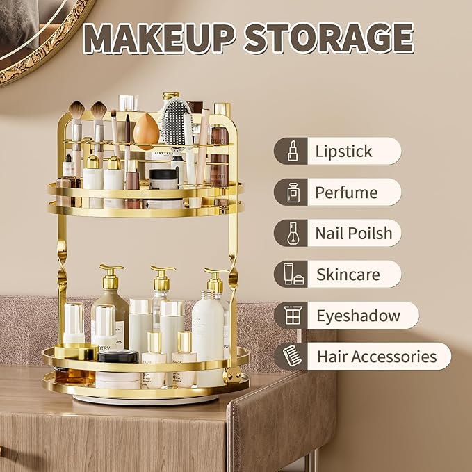 360ÃÂ° Rotating Makeup Organizer, 2-Tier Gold Perfume Organizer for Dresser, Bathroom Organizers Countertop, Perfume Shelf with Makeup Brush Holder, Skincare Holder Cosmetic Display(Gold)