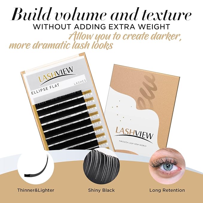 LASHVIEW Eyelash Extensions,Ellipse Flat Eyelash Extensions 0.20mm C Curl 10mm, Black,Individual Lashes,Semi-Permanent Extremely Soft Professional Salon Use