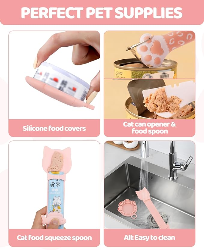 5 PCS Cat Food Can Covers Lids Set - Cute Paw Design Pet Cans Lids Covers with Can Opener, Wet Food Spoon & Cat Treat Squeeze Spoon for Cats, Dogs (Pink)