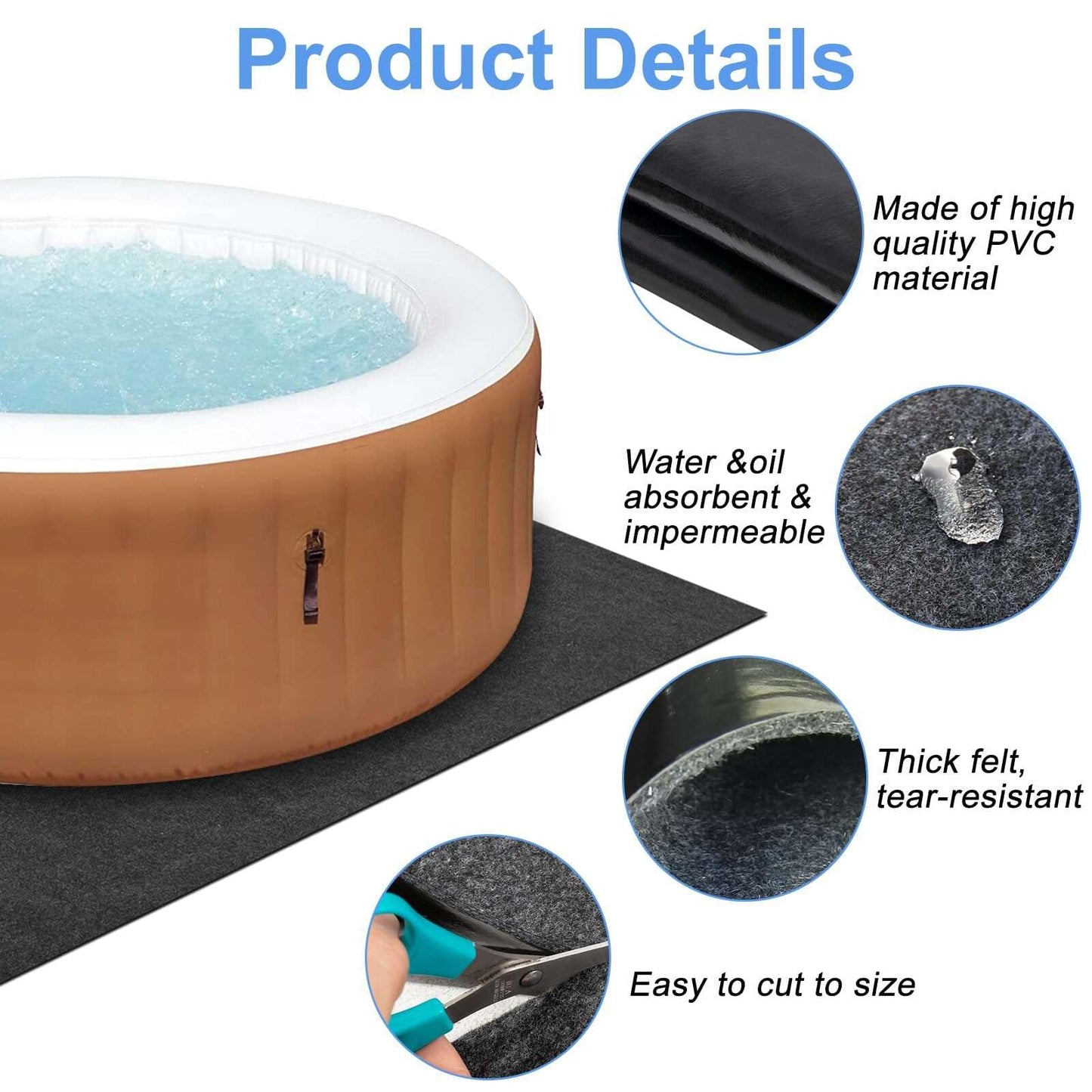 TIXANF 100x100 Inch Hot Tub Mat, Inflatable Hot Tub Mat, Large Washable Floor Protection Mat, Portable Spa Pool Accessories, Waterproof Non-Slip Underlining Absorbent Spa Pool Floor Base Protection