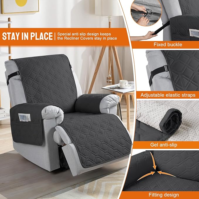 VANSOFY 100% Waterproof Recliner Chair Covers, Recliner Cover Non-Slip Dog Chair Cover Furniture Protector Washable Slipcover with Pocket, Elastic Straps for Pets, Dogs(Charcoal Gray, 23.6")