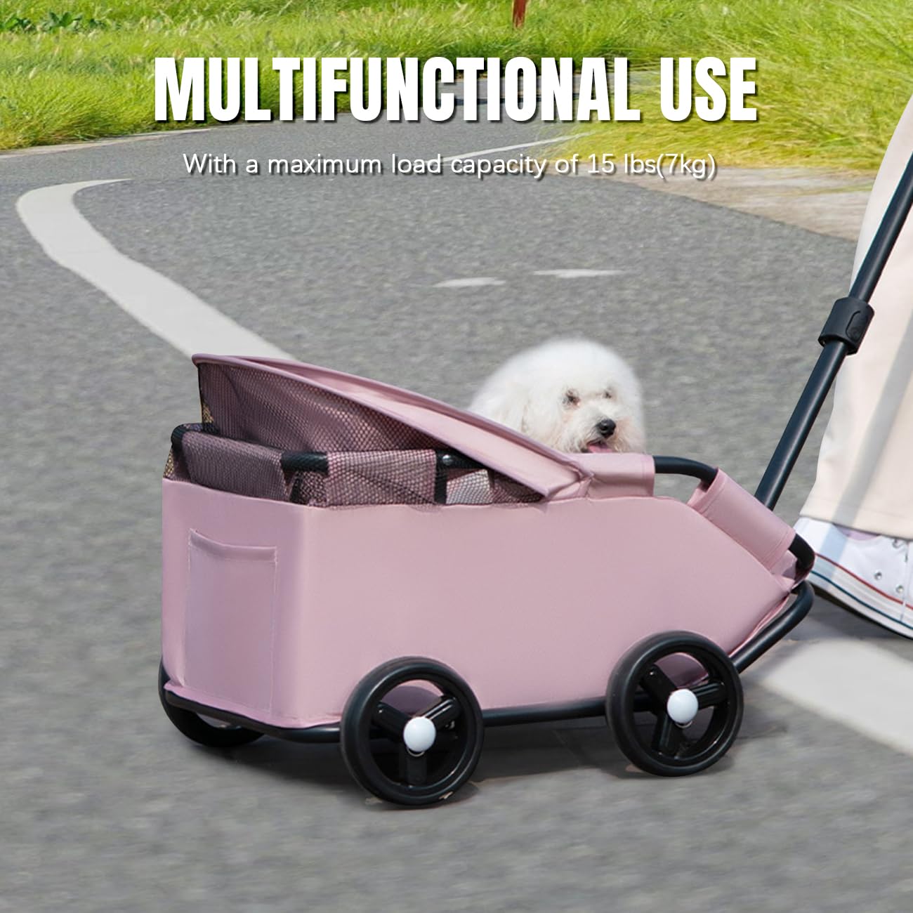 La La Pet 4-Wheel Dog Stroller with Sunshade Cover Collapsible Mesh Canopy Portable Pet Carrier for Outdoor Travel Shopping Walking Suitable for Small Dogs and Cats Pink