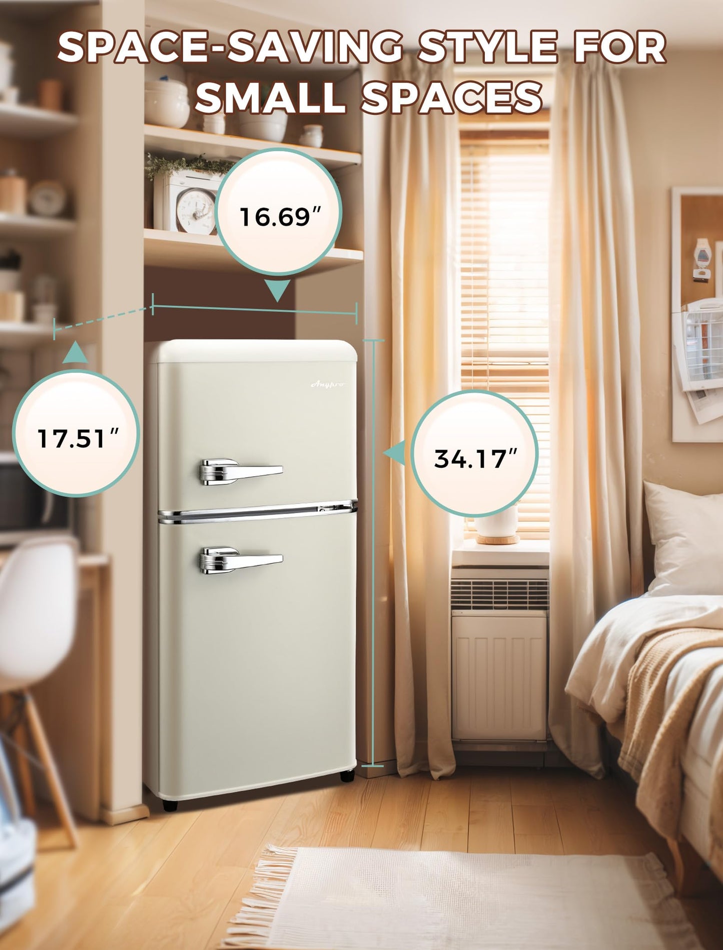 Anypro 3.2 Cu.Ft Refrigerator, Retro Double Door Fridge with Freezer, 7 Adjustable Temperature Settings, Low Noise, Removable Glass Shelves for Dorm, Office, Bedroom, Apartment, White