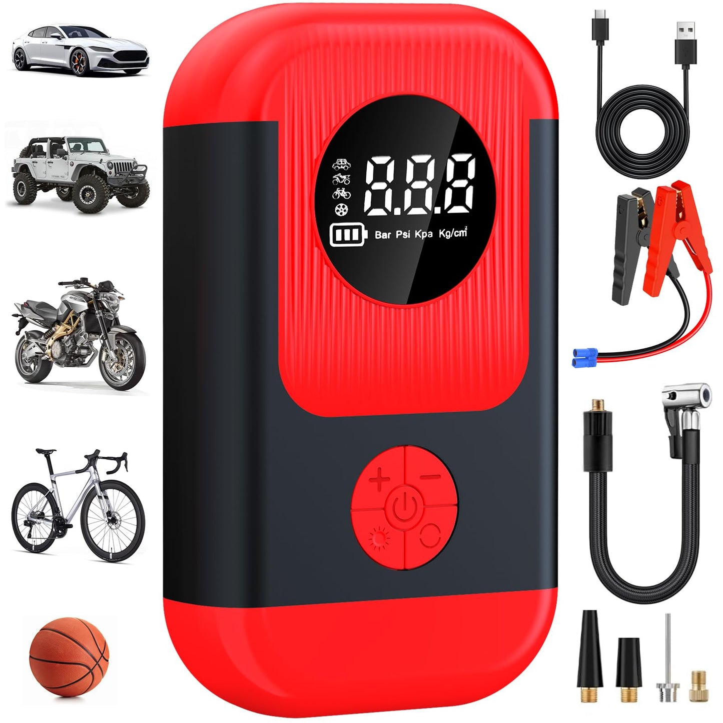 ApexNexus Tire Inflator Portable Air Compressor & Car Jump Starter, Cordless Air Pump with LED Light & Pressure Gauge for Auto,Motorcycles,Bikes,Balls.