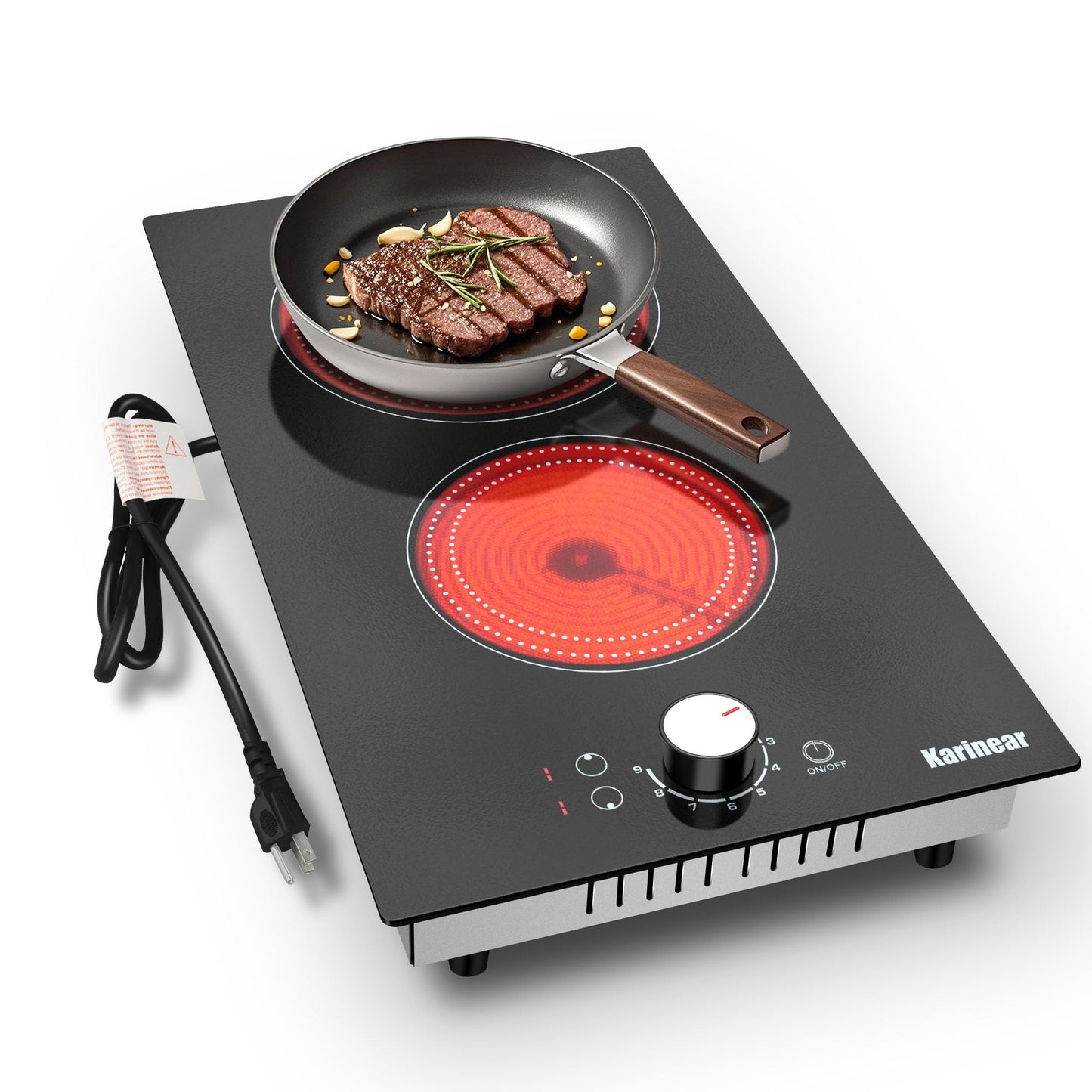 Karinear 110V Electric Cooktop 2 Burners, 19 Inch Electric Stovetop Knob Control, 110v Outlet Plug, Countertop Use or Built-in Radiant Ceramic Cooktop, 9 Power Level