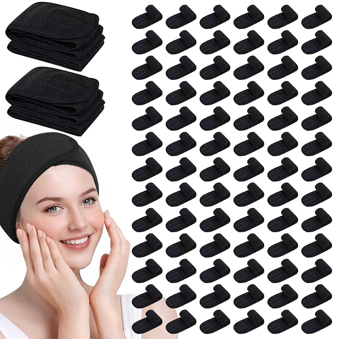 80 Pack Adjustable Spa Headband for Women Non-Slip Facial Hair Wrap for Washing Face, Makeup, Shower, Skincare, and Yoga (Black, 80)
