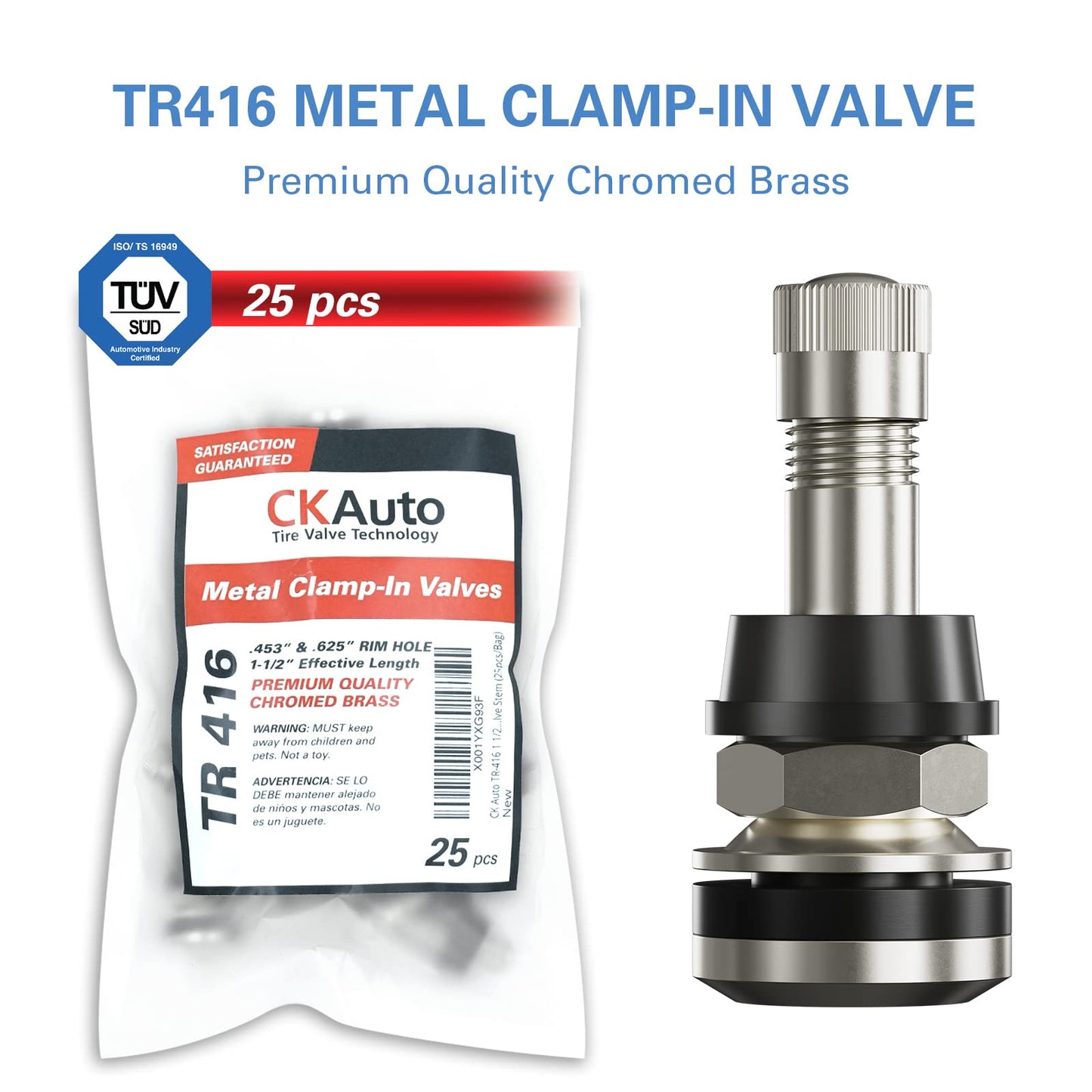 CKAuto 25 Pieces TR416 Metal Valve Stems Outer Mount Fits .453" & .625" Rim Holes Long 1 1/2", Silver