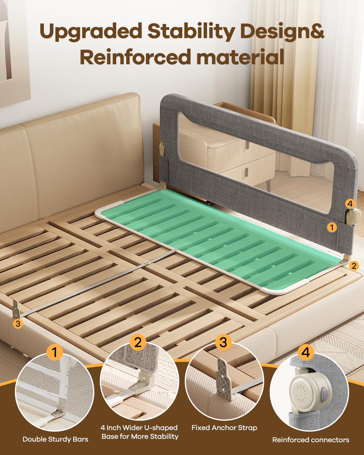 GrowthFun Foldable Bed Rail for Toddlers, 59in Reinforced Carbon Steel Frame&Connectors, Breathable Cationic Fabric, Safety Toddler Bed Rails for Queen, King, Twin, Full, No-Tool Setup.