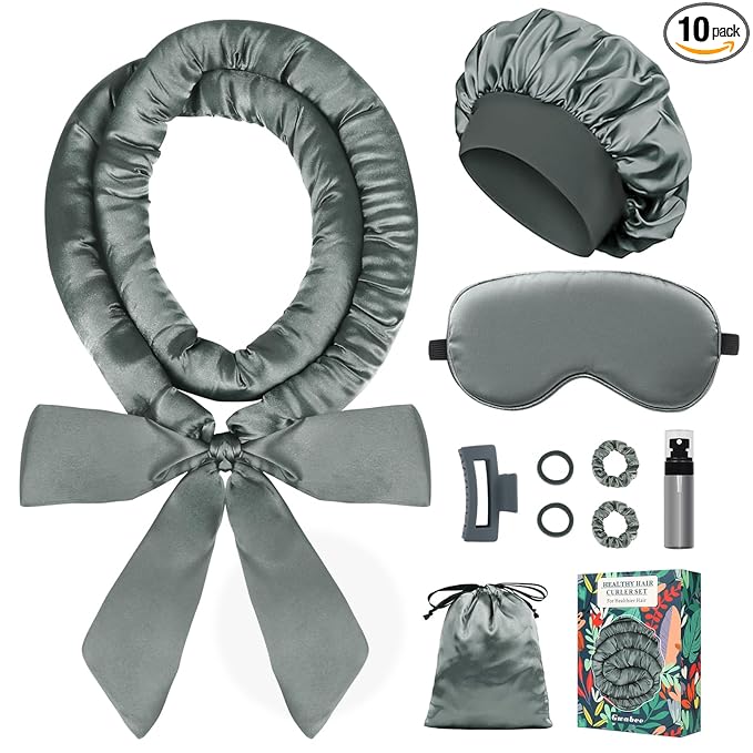 Gwabee Satin Heatless Curls Overnight Hair Curlers to Sleep In Hair Curler Rollers No Heat Hair Wrap for Curls Headband, 70" Satin Heatless Curling Rod Set for Women Long Waves Hair Volume -Grey 10PCS