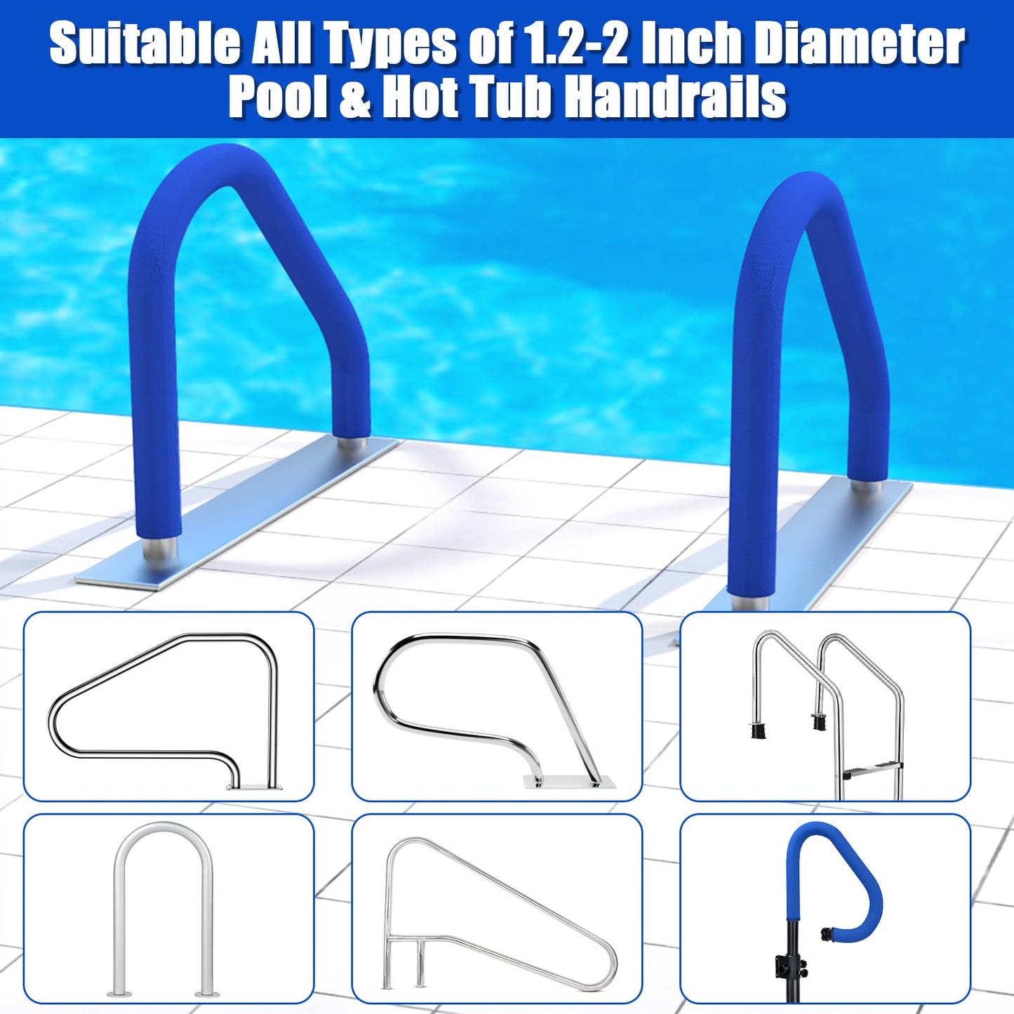 KETNET Pool Handrail Covers with Zippers for Inground Swimming Pools Hand Rail Cover, 4-10 ft Non Slip Cool Touch Heat Resistant, Blue, Anti-Slip Swim Pool Railing Ladder Handle Grip 6 Feet 1 Pack