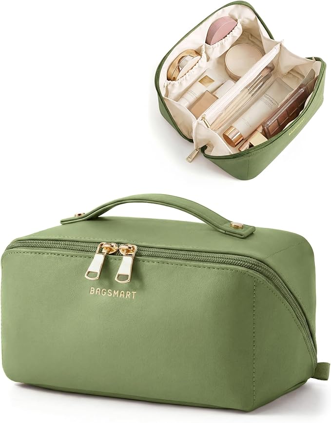 BAGSMART Makeup Bag Travel Cosmetic Bag, Large Make Up Bag Flat Open Toiletry Bag for Women, PU Leather Travel Essentials Organizer Case, Wide-open Pouch Purse for Skincare, Brushes, Dark Green