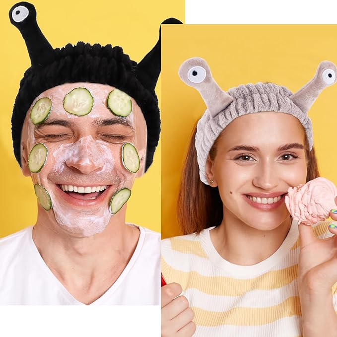 Snail Spa Headband and Wristband Set Skincare Makeup Headband for Washing Face Cute Animal Spa Head Band for Women Girls Black Khaki Grey