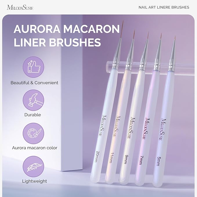 MelodySusie 5Pcs Nail Art Liner Brushes Professional Gel Polish Painting Art Design Pen Set for Thin Long Lines, Tiny Details, Fine Drawing, Delicate Coloring Sizes 5/7/9/11/20mm