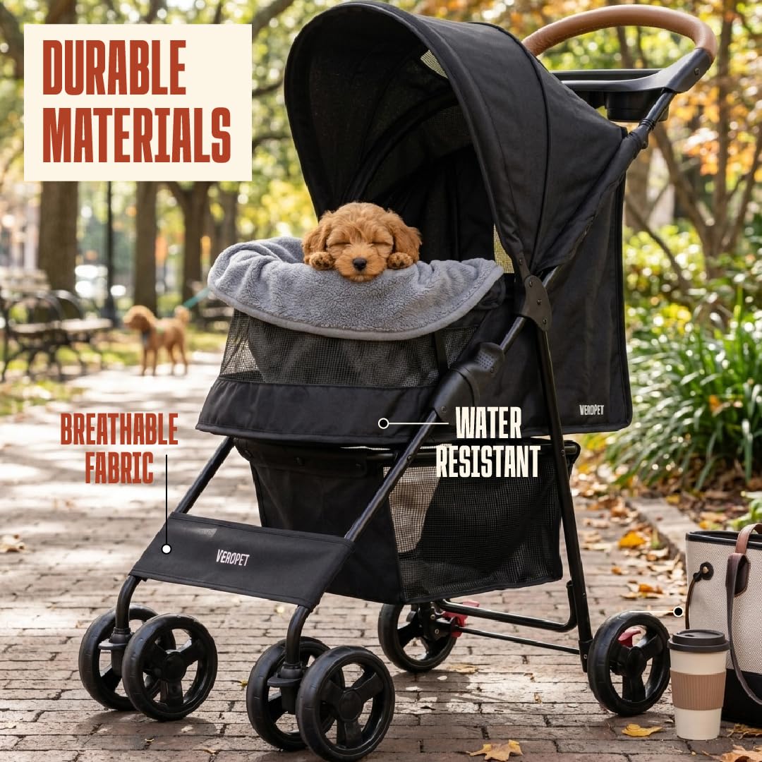 Pet Stroller for Small Dogs & Cats, Foldable Pet Stroller with Breathable Mesh, Storage Basket & Cup Holder, Lightweight 4-Wheel Dog Stroller, Portable Travel Pet Carrier (Up to 35 lbs)