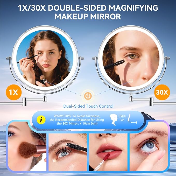 10'' 30X/1X Wall Mounted Lighted Makeup Mirror, 5000mAh Rechargeable Double-Sided Magnifying Mirror with Light, LED Vanity Mirror Touch Dimmable 3 Colors 360° Rotation Extended Foldable Arm, Chrome