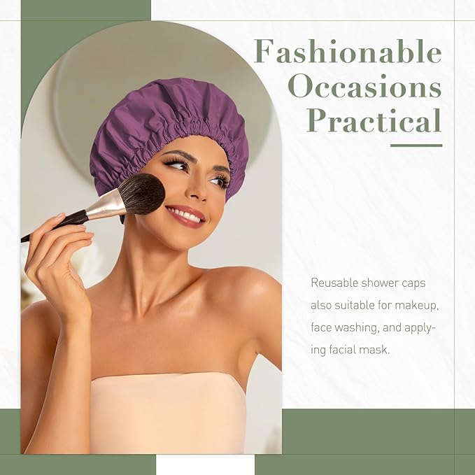 Reusable Shower Cap for Women, Large Waterproof Shower Bonnet with Elastic Band, Washable Bath Hair Cap for Long, Curly Hair, Braids, Daily Shower, Home Spa, Travel(Leather Purple)