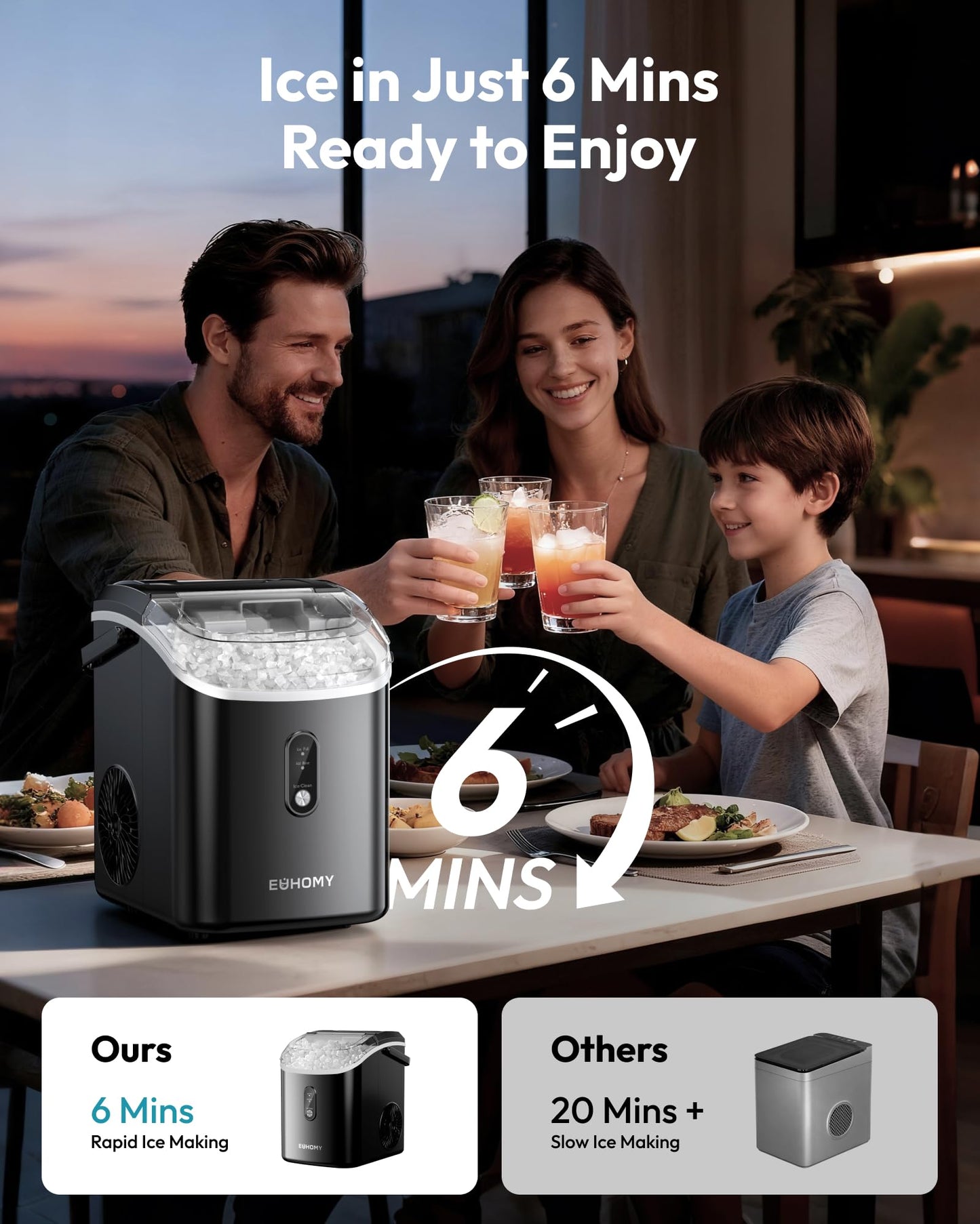EUHOMY Nugget Ice Maker Countertop with Handle, Ready in 6 Mins, 38lbs/Day, Removable Top Cover, Self-Cleaning, Portable Chewable Ice Maker with Basket, Scoop, for Home/RV/Party/Camping (Black)