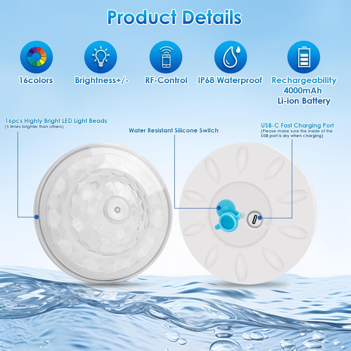 QOLNBY Floating Pool Lights(4 Pack), Pool Light with 6 Dynamic Lighting Effects, IP68 Waterproof Pool Lights that Float, Rechargeable RGB Upper and Lower Color Changing Lights for Hot Tub, Patio