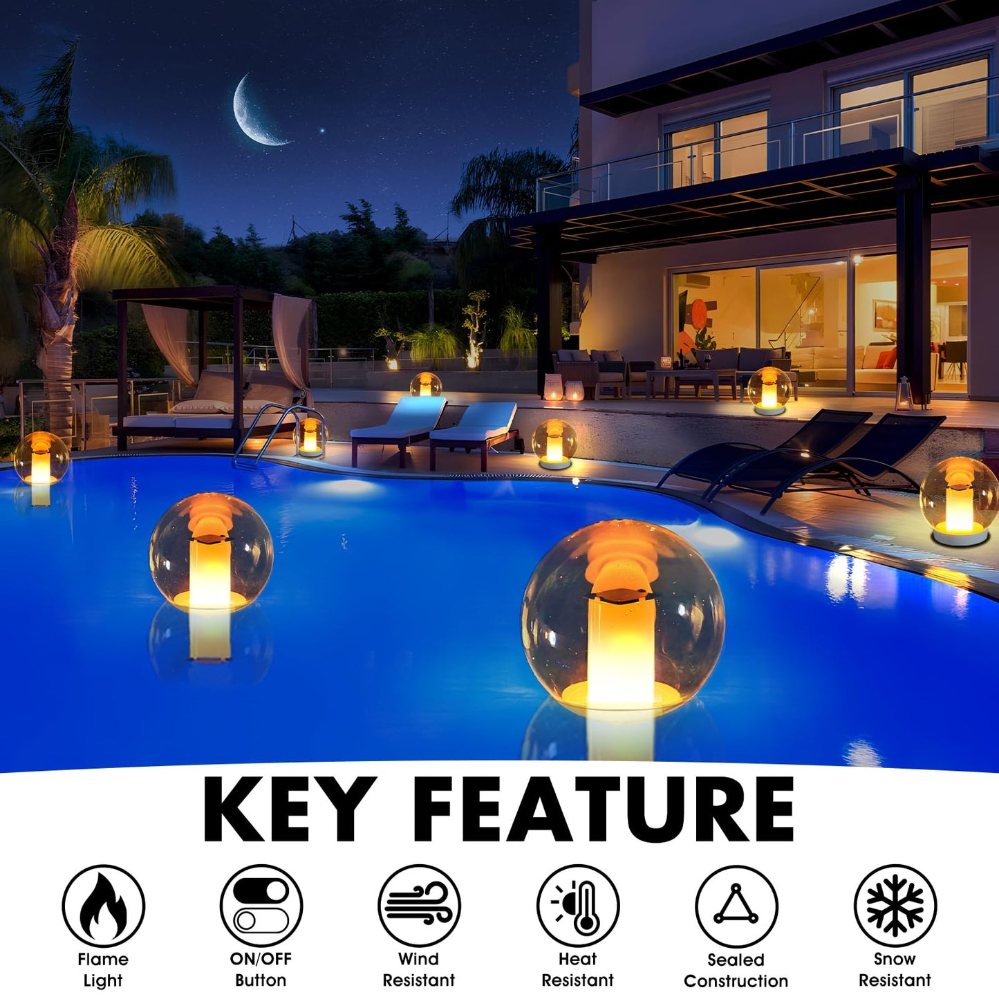 Floating Pool Lights, Solar Flame Lights Flickering IP68 Waterproof Ball Night Light, Outdoor Lantern Landscape Decoration Lamp for Pool, Pond, Event, Party, Garden(2pcs)