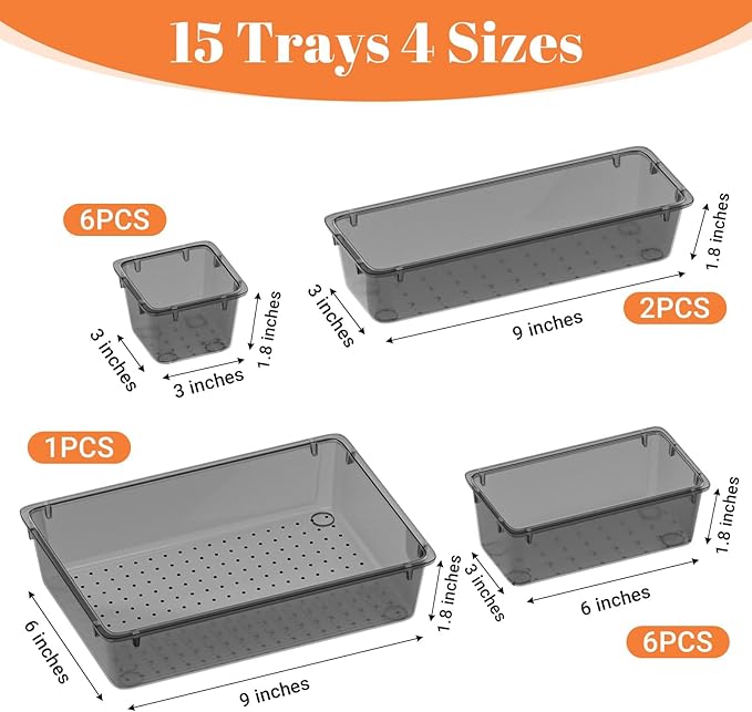 SpaceHacks 15 PCS Clear Plastic Drawer Organizer Set, 4-Size Acrylic Drawer Storage Trays, Storage Bins for Makeup, Gadgets, and Jewelry in Bathroom, Bedroom and Office, Clear Black