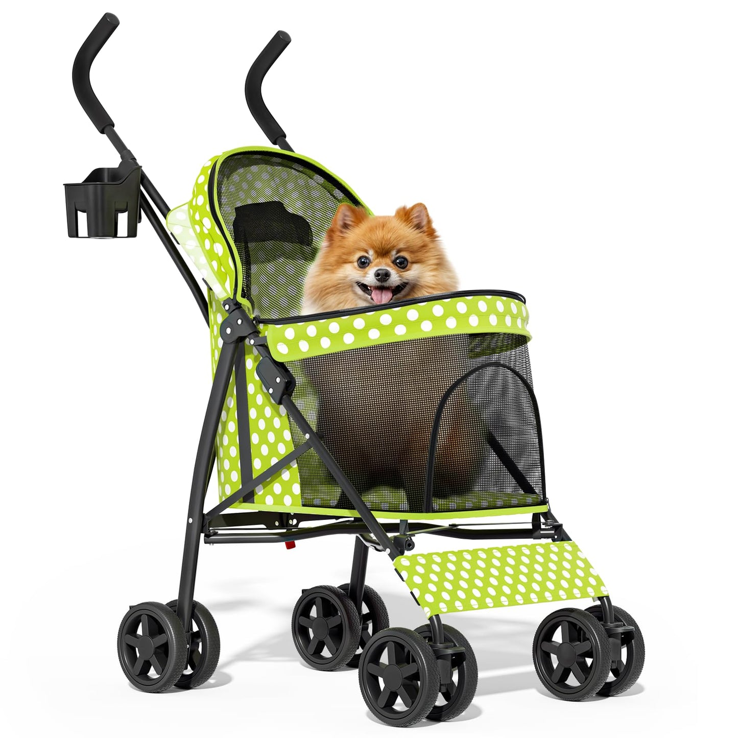 MoNiBloom 4 Wheels Pet Stroller, Easy-Fold Umbrella Shaped Dog Cat Jogger Stroller w/Storage Bag & Visible Mesh for Small/Medium Dogs Cats Lawn Green Polka Dots