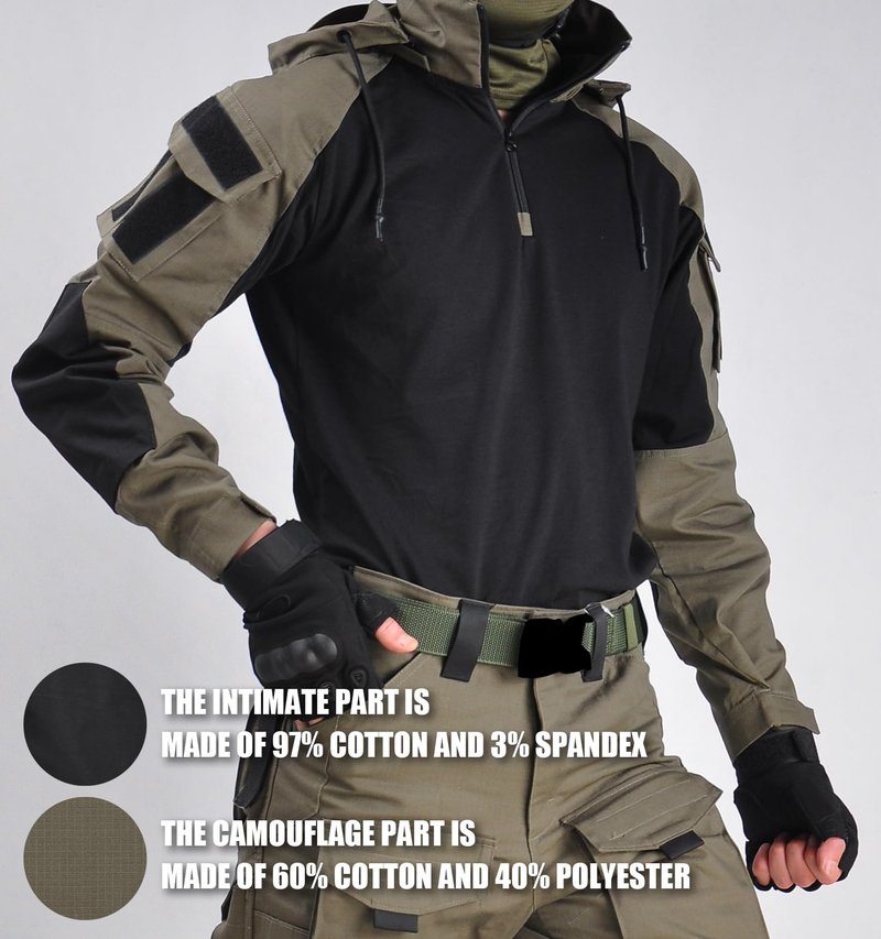 TACTICS ARMOR Tactical Shirt Men's Combat Shirt Tactical Military Camo Long Sleeve Suitable for Airsoft Paintball with Elbow Pads and Pockets