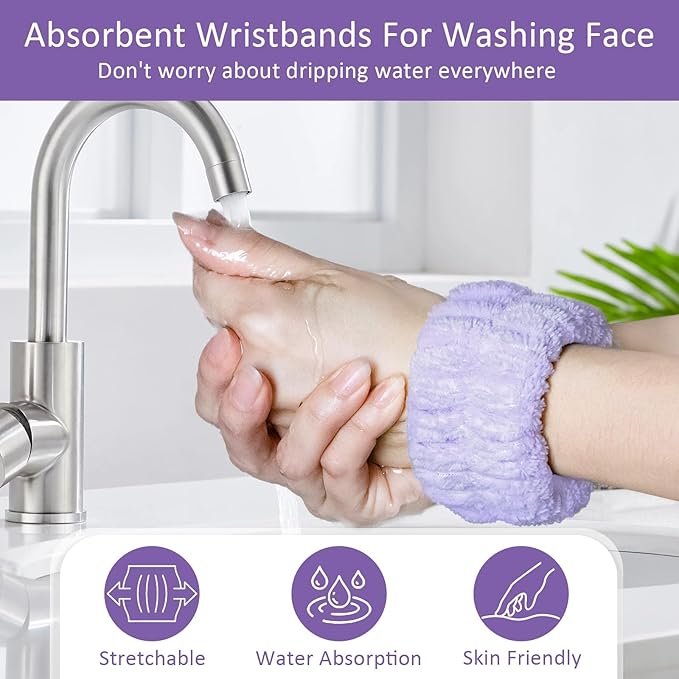 Facial Cleansing Brush 2 in 1, Silicone Face Scrubber Dual Face Brush for Deep Pore Cleansing and Exfoliating, Skincare Headband and Wristbands Set for Washing Face Massaging Spa Makeup,Purple