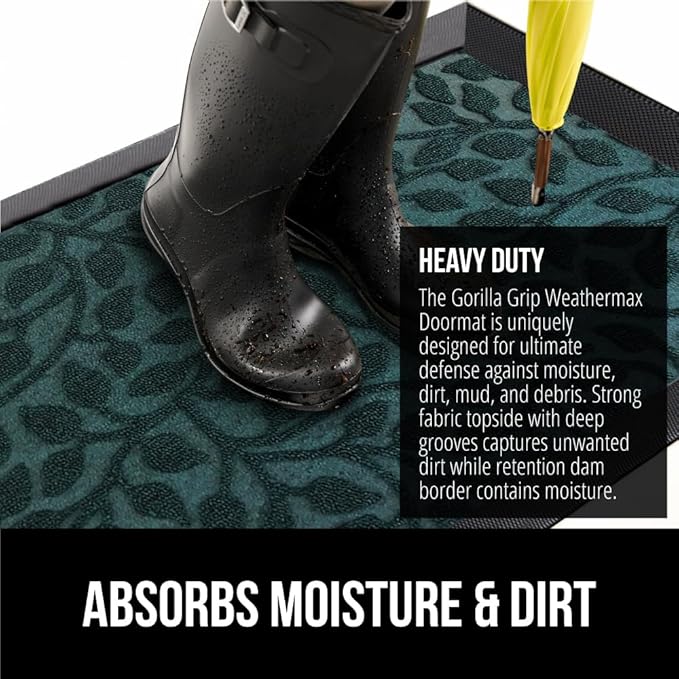 GORILLA GRIP 100% Waterproof All-Season WeatherMAX Doormat, US Designed Natural Rubber, Stain and Fade Resistant, Low Profile Indoor Outdoor Door Mats, Easy Clean Patio Mat, 17x29, Moss Vine Leaves