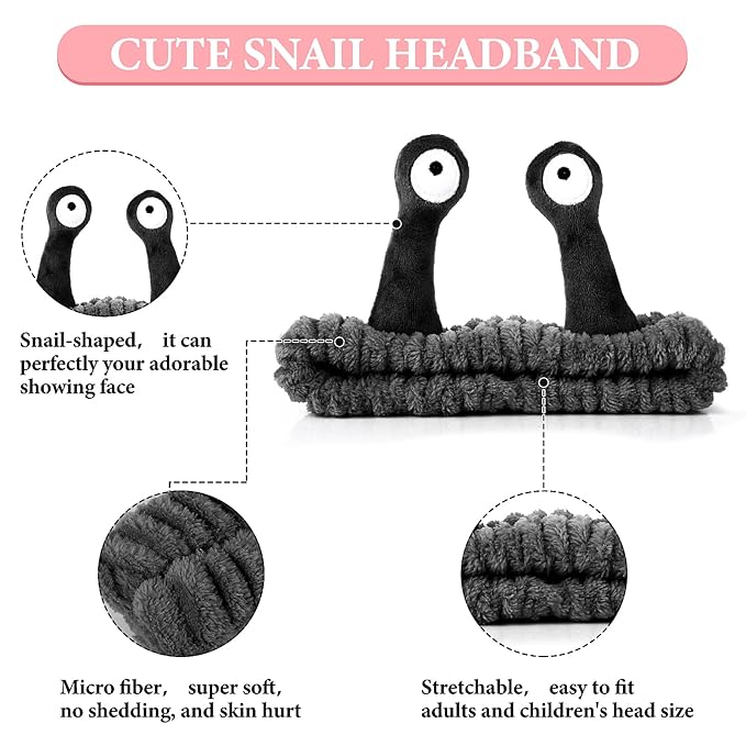 Face Wash Headband, Palm and Snail Spa Hair Bands Makeup Headbands Women Cartoon Cute Coral Fleece Elastic Headband Creative Hair Accessories for Washing Face Shower Sports (Black)