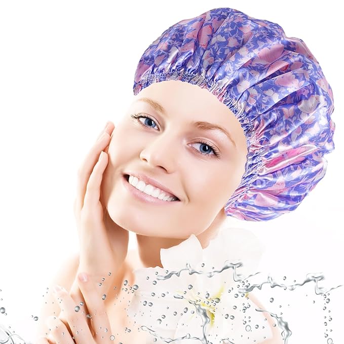 Shower Cap for Women,4 PCS Elastic and Reusable Bath Caps, Double Layers Shower Caps Reusable Waterproof, Bathing Shower Caps, Environmental Bath Hair Protection Cap - Butterfly E